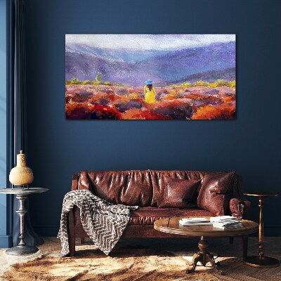 Schilderij op glas Vrouw in een paars landschap