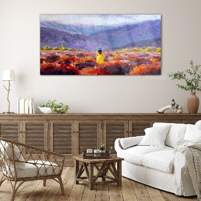 Schilderij op glas Vrouw in een paars landschap
