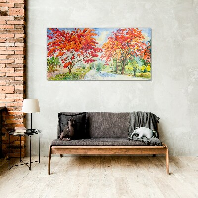 Schilderij op glas Vuurkleurige herfstbomen