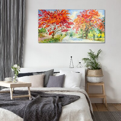 Schilderij op glas Vuurkleurige herfstbomen