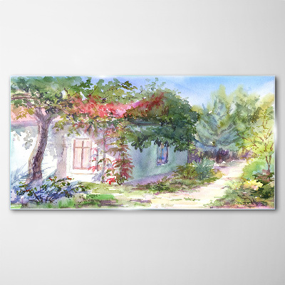 Schilderij op glas Zomerlandschap met een huis en bomen