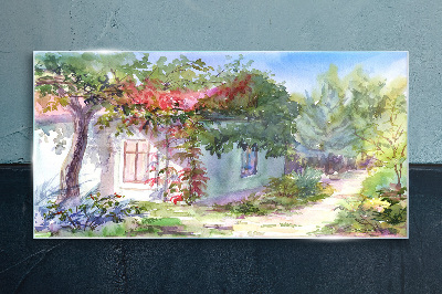 Schilderij op glas Zomerlandschap met een huis en bomen