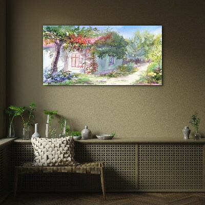 Schilderij op glas Zomerlandschap met een huis en bomen