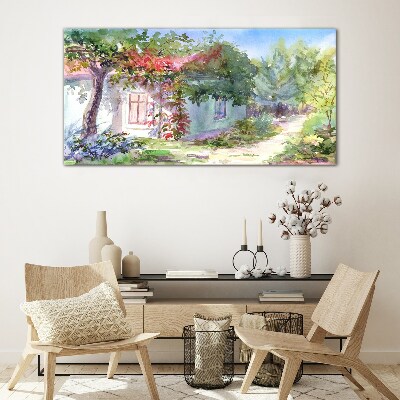 Schilderij op glas Zomerlandschap met een huis en bomen