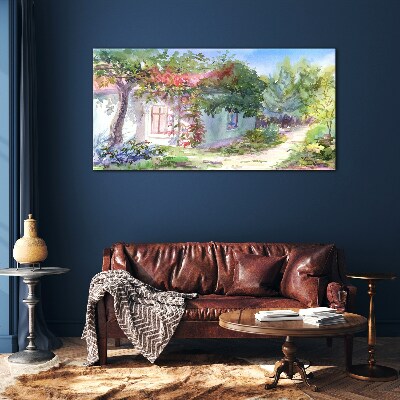 Schilderij op glas Zomerlandschap met een huis en bomen