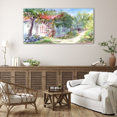 Schilderij op glas Zomerlandschap met een huis en bomen