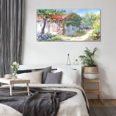 Schilderij op glas Zomerlandschap met een huis en bomen