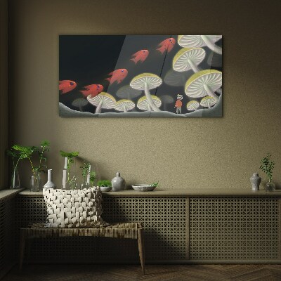 Schilderij op glas De fantastische wereld van vis en paddenstoelen