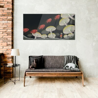 Schilderij op glas De fantastische wereld van vis en paddenstoelen