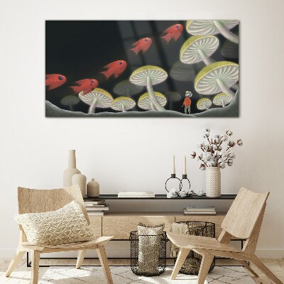 Schilderij op glas De fantastische wereld van vis en paddenstoelen