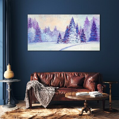 Foto op glas Winterlandschap met paarse bomen