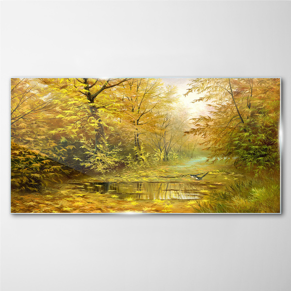 Schilderij op glas Gouden herfst bij de vijver