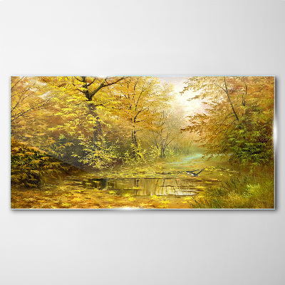 Schilderij op glas Gouden herfst bij de vijver