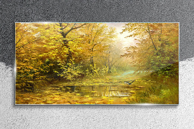 Schilderij op glas Gouden herfst bij de vijver