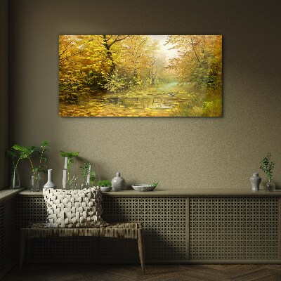 Schilderij op glas Gouden herfst bij de vijver