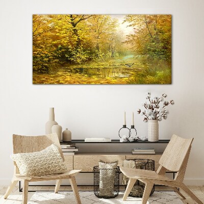 Schilderij op glas Gouden herfst bij de vijver