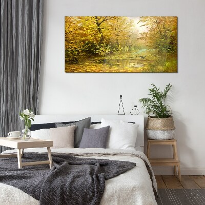 Schilderij op glas Gouden herfst bij de vijver