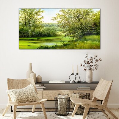 Foto op glas Groen landschap aan het water