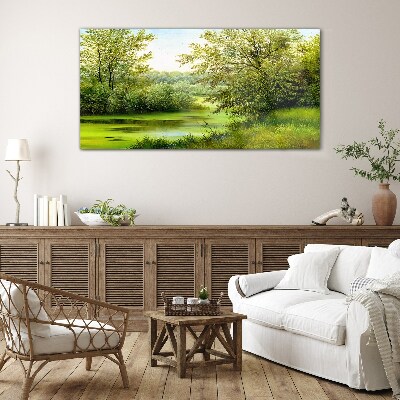 Foto op glas Groen landschap aan het water