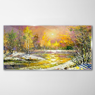 Glas foto Gouden rivier in het herfstbos