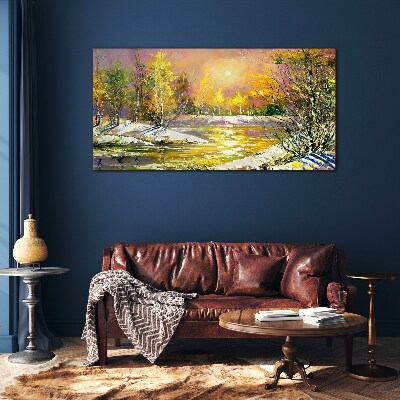 Glas foto Gouden rivier in het herfstbos