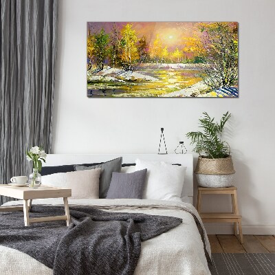 Glas foto Gouden rivier in het herfstbos