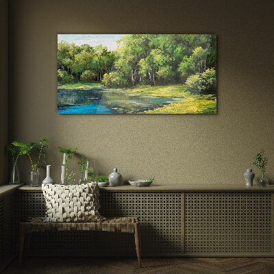 Schilderij op glas Groen landschap aan het water