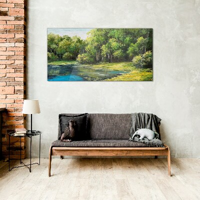 Schilderij op glas Groen landschap aan het water