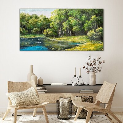 Schilderij op glas Groen landschap aan het water