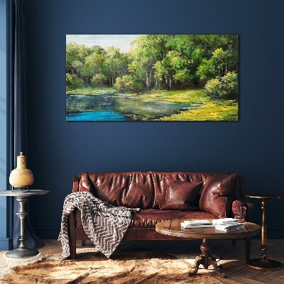 Schilderij op glas Groen landschap aan het water