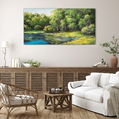 Schilderij op glas Groen landschap aan het water