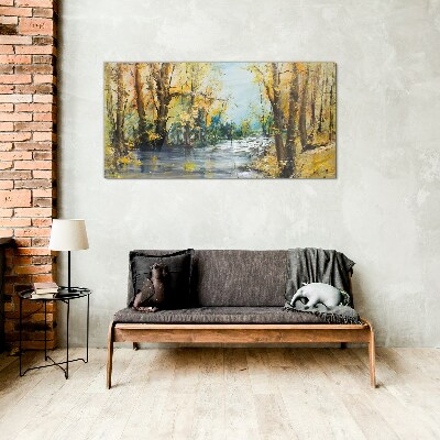 Schilderij op glas Herfstlandschap aan de rivier