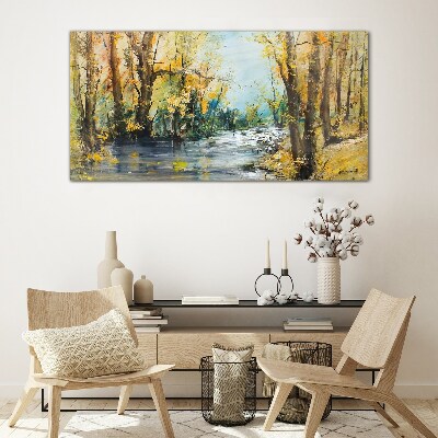 Schilderij op glas Herfstlandschap aan de rivier