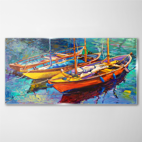 Schilderij op glas Kleurrijke boten op kalm water