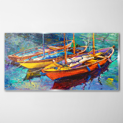 Schilderij op glas Kleurrijke boten op kalm water