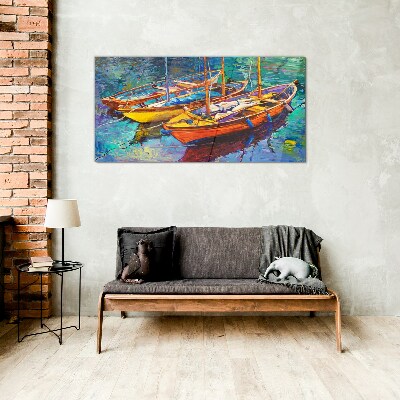 Schilderij op glas Kleurrijke boten op kalm water