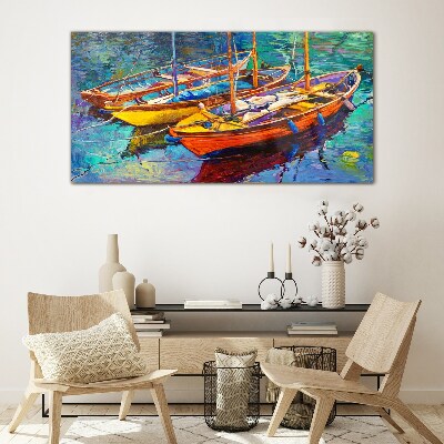 Schilderij op glas Kleurrijke boten op kalm water