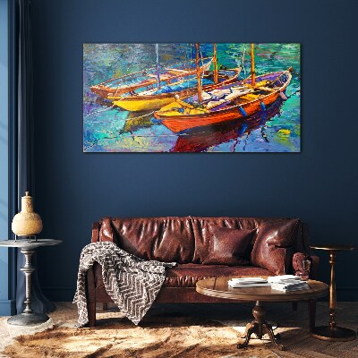 Schilderij op glas Kleurrijke boten op kalm water