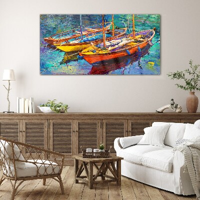 Schilderij op glas Kleurrijke boten op kalm water