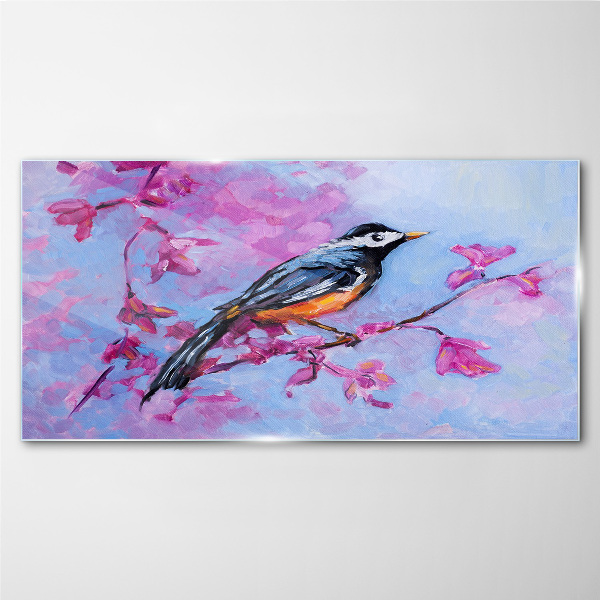 Schilderij op glas Lentevogel op roze takken