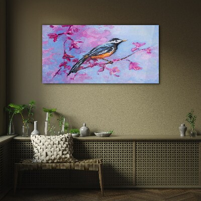 Schilderij op glas Lentevogel op roze takken