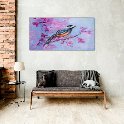 Schilderij op glas Lentevogel op roze takken