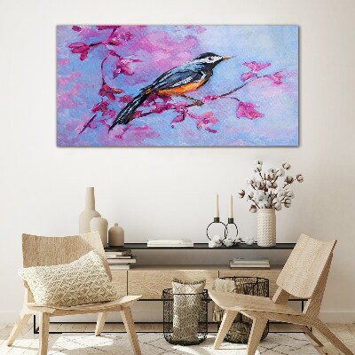 Schilderij op glas Lentevogel op roze takken