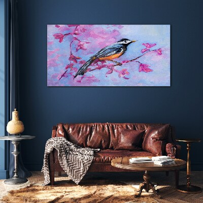 Schilderij op glas Lentevogel op roze takken