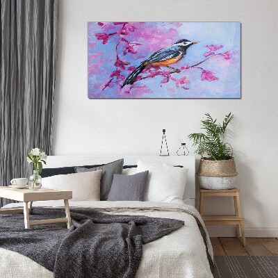 Schilderij op glas Lentevogel op roze takken