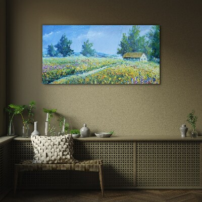 Glas foto Zomerlandschap met een huis in het veld