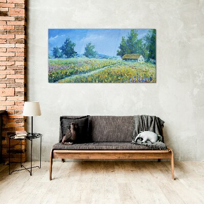 Glas foto Zomerlandschap met een huis in het veld