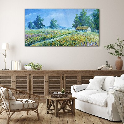 Glas foto Zomerlandschap met een huis in het veld