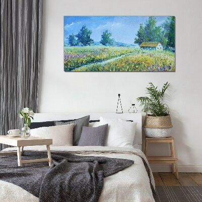 Glas foto Zomerlandschap met een huis in het veld