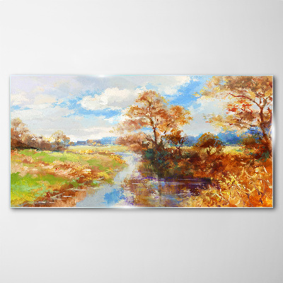 Foto op glas Herfstlandschap aan de rivier